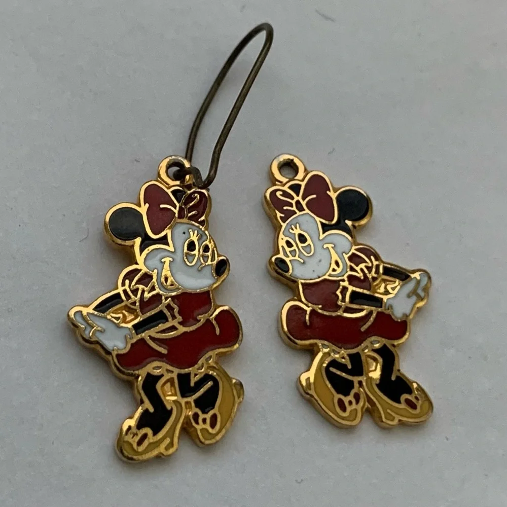 Vintage Disney Minnie Mouse Enamel Dangle French Wire Hook Earrings 2” 1995